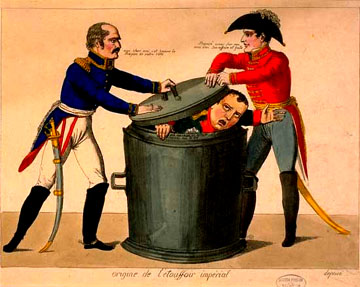 ORIGINS OF THE IMPERIAL SNUFFER, a caricature by Lecroix: Blucher and Wellington throw Napoleon into the dust bin of history.  In the Napoleonmuseum in Arenenberg.